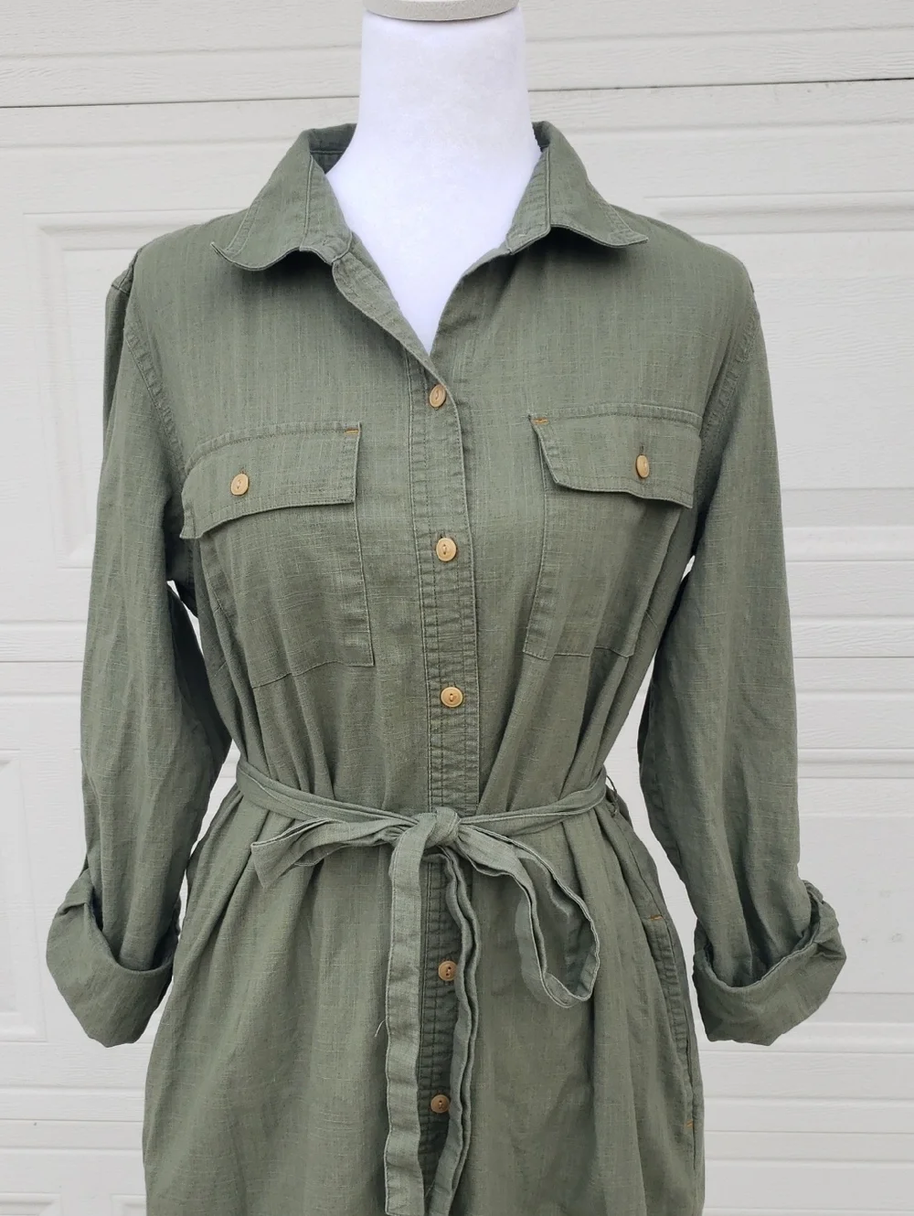 LL Bean Signature 100% Cotton Camp Button Front Shirt Dress Size M Olive Gray - Picture 2 of 16